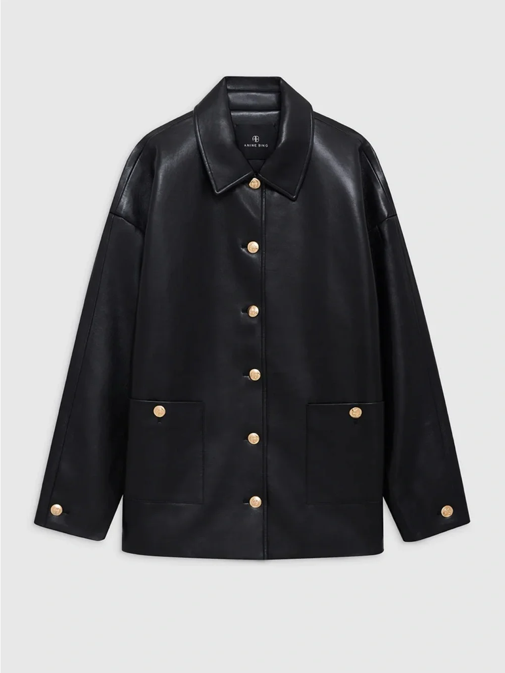 Anine Bing Luca Black Leather Button-Front Jacket with Gold Hardware